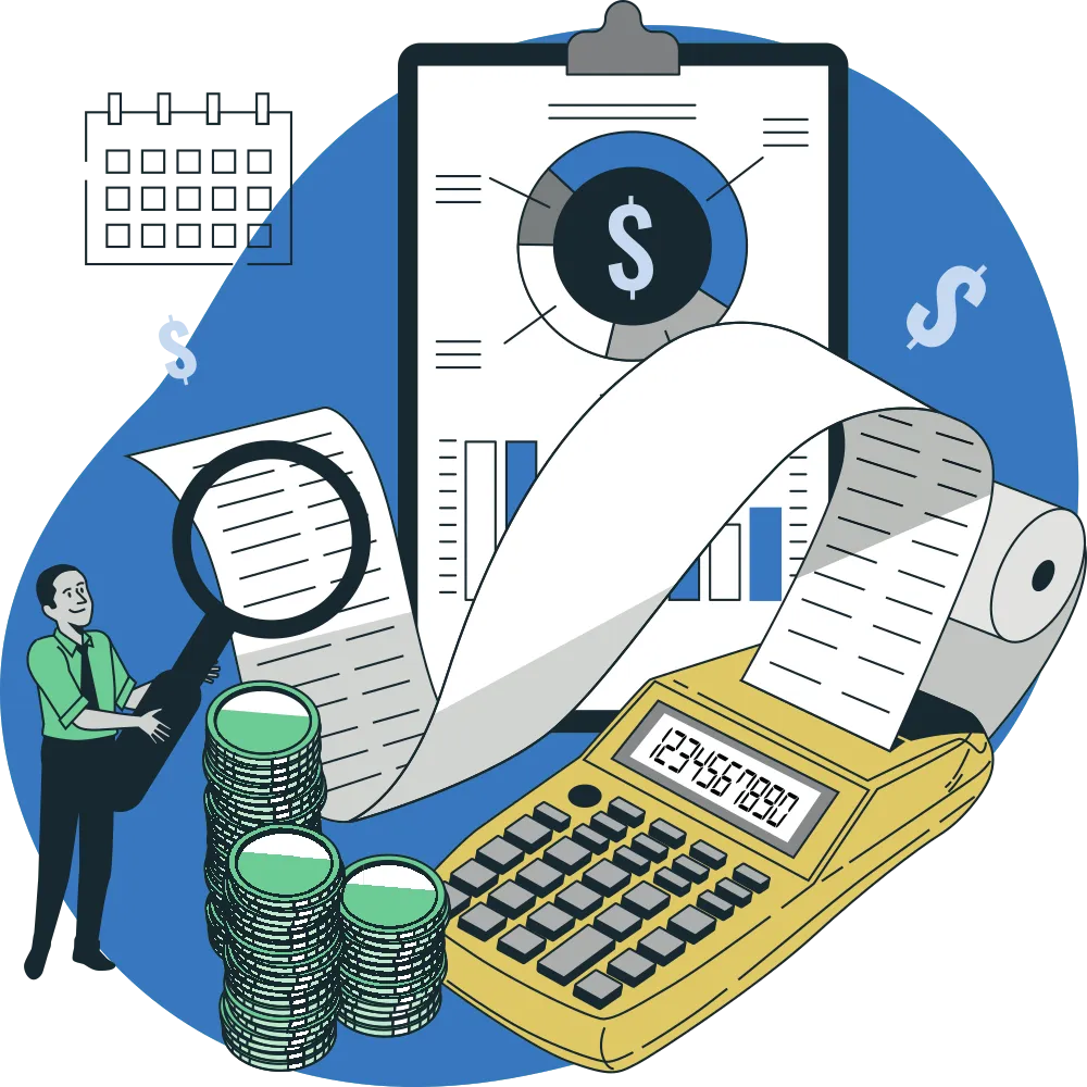 A man is presenting a bar chart displayed on a large monitor. The chart appears to show an upward trend, with both bars and a line graph indicating growth. The man is standing to the right of the monitor, pointing towards the tallest bar on the chart. The overall style of the image is a flat, vector illustration.